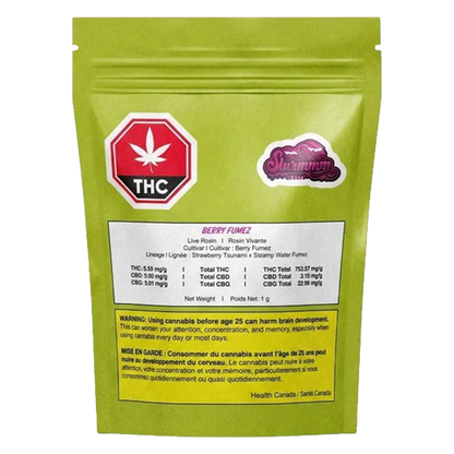 Front-facing shot of the green pouch labeled "Berry Fumez" with a red THC stop-sign icon and a white nutrition-style panel.