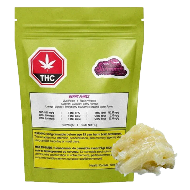 Front-facing shot of a green pouch labeled "Berry Fumez" with a THC stop sign icon and a white information panel, the Berry Fumez pouch shown against a plain white background.