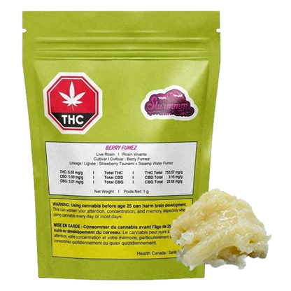 Front-facing shot of a green pouch labeled "Berry Fumez" with a THC stop sign icon and a white information panel, the Berry Fumez pouch shown against a plain white background.
