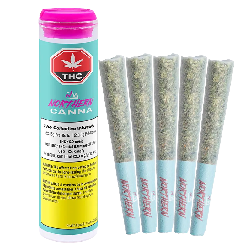 Right-side view of five pre-rolled joints next to a teal tube labeled The Collective Infused PR 5 x 0.5 g showing a pink cap and health warning.