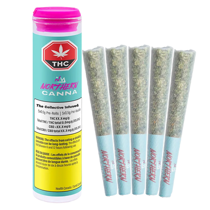 Right-side view of five pre-rolled joints next to a teal tube labeled The Collective Infused PR 5 x 0.5 g showing a pink cap and health warning.