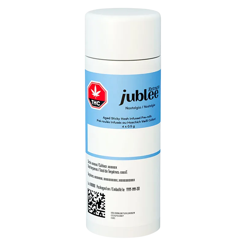 Front-facing shot of the Nostalgia Aged Sticky Hash Infused PR 4 x 0.5 g white tube with a blue Jubilee label and THC symbol.