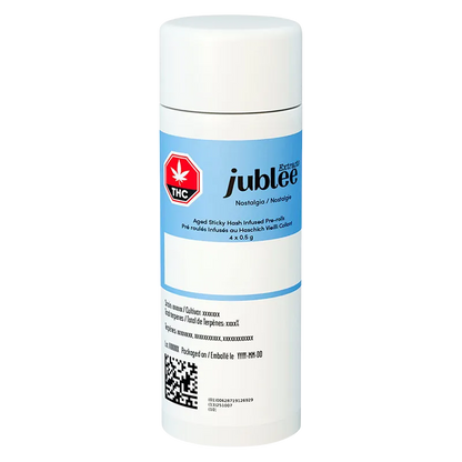 Front-facing shot of the Nostalgia Aged Sticky Hash Infused PR 4 x 0.5 g white tube with a blue Jubilee label and THC symbol.