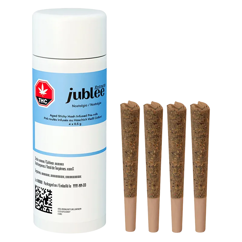 Front view of a Jubilee Extracts Nostalgia Aged Sticky Hash Infused PR 4 x 0.5 g white and blue tube beside four brown hash-infused pre-rolls standing upright.
