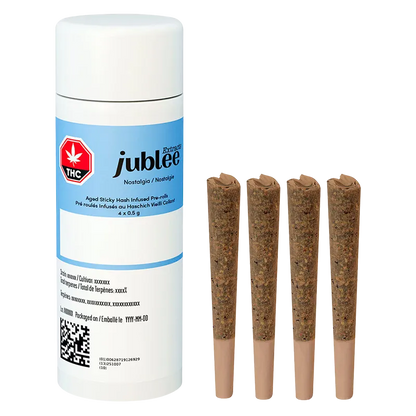 Front view of a Jubilee Extracts Nostalgia Aged Sticky Hash Infused PR 4 x 0.5 g white and blue tube beside four brown hash-infused pre-rolls standing upright.