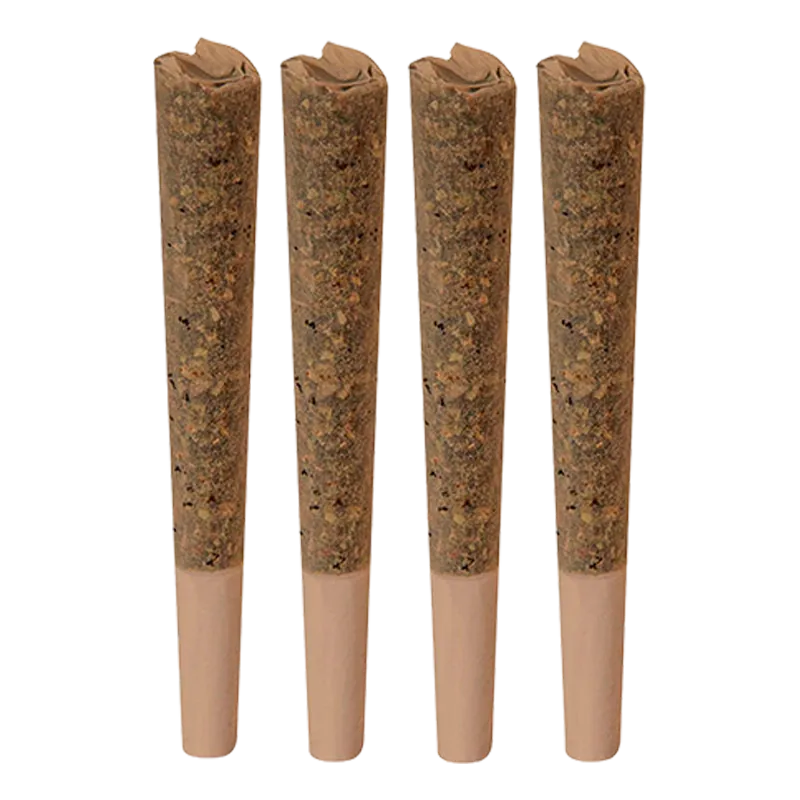 Four upright pre-rolled joints lined side by side, a close frontal view of the Nostalgia Aged Sticky Hash Infused PR 4 x 0.5 g showing textured brown filling and beige tips