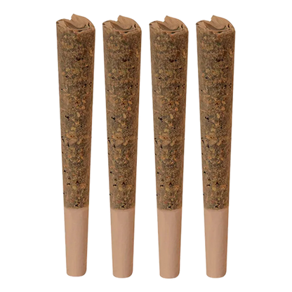 Four upright pre-rolled joints lined side by side, a close frontal view of the Nostalgia Aged Sticky Hash Infused PR 4 x 0.5 g showing textured brown filling and beige tips