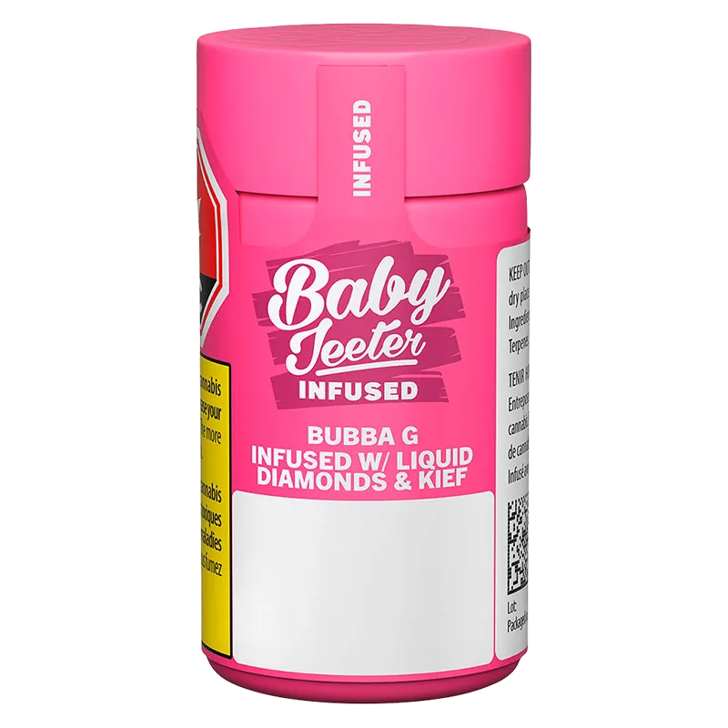 Straight-on view of a bright pink Baby Jeeter Bubba G Infused PR 5 x 0.5 g childproof container showing bold white logo and product text on the front.