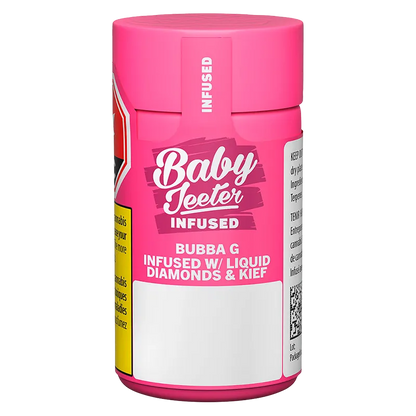 Straight-on view of a bright pink Baby Jeeter Bubba G Infused PR 5 x 0.5 g childproof container showing bold white logo and product text on the front.
