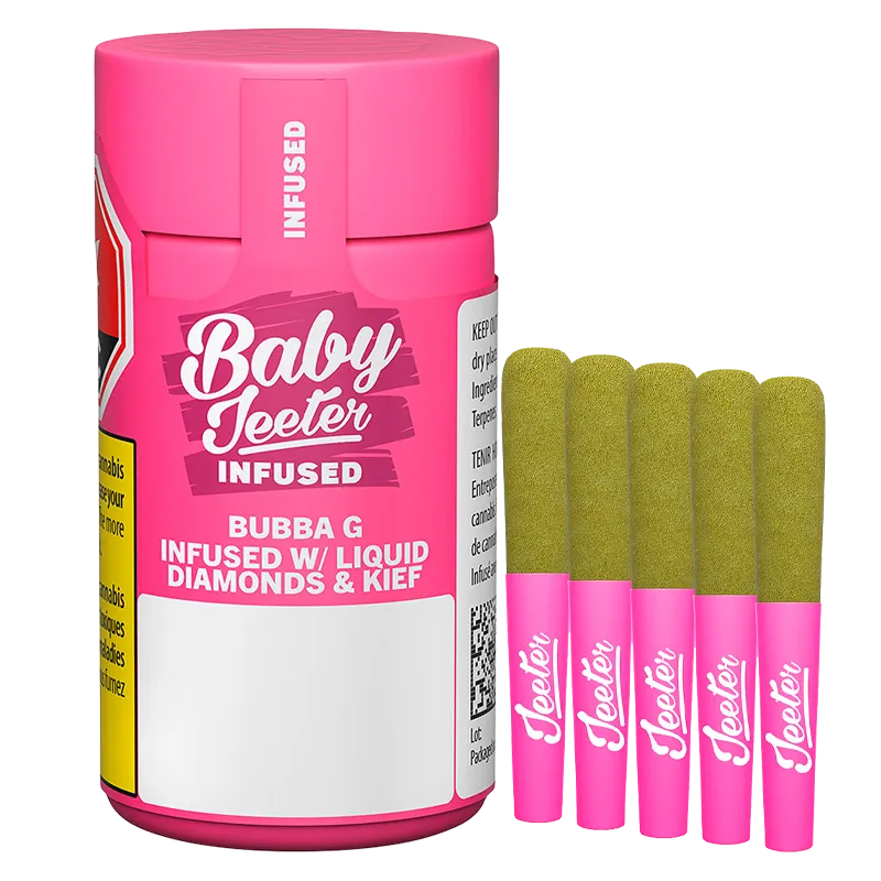 Front-facing shot of a bright pink Baby Jeeter Bubba G Infused PR 5 x 0.5 g container with five green-tipped pink pre-rolls standing beside it.