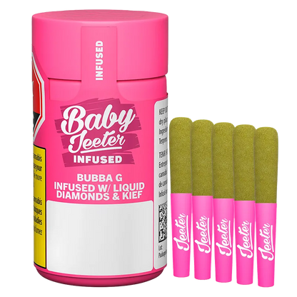 Front-facing shot of a bright pink Baby Jeeter Bubba G Infused PR 5 x 0.5 g container with five green-tipped pink pre-rolls standing beside it.