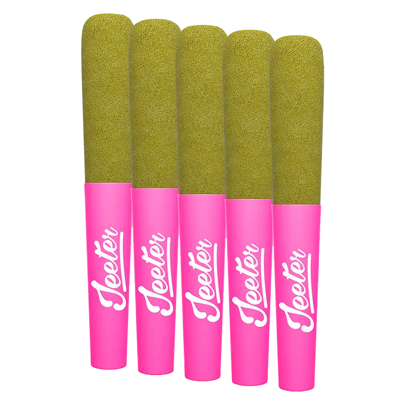 Five pink Baby Jeeter Bubba G Infused PR 5 x 0.5 g pre-rolls shown upright in a row on a white background, tops coated in green kief.