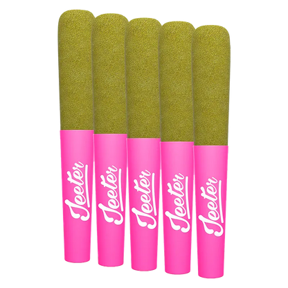 Five pink Baby Jeeter Bubba G Infused PR 5 x 0.5 g pre-rolls shown upright in a row on a white background, tops coated in green kief.