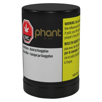 Front-facing view of the black jar labeled "Cured Rosin - Made By Vangyptian" with a gold "phant" logo and a bright yellow warning panel.