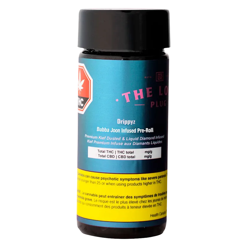 Front-facing shot of a black-capped bottle labeled "Drippyz Bubba Joon Infused PR 5 x 0.5 g" against a white background, showing teal label text and a yellow warning band.