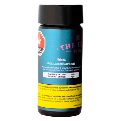 Front-facing shot of a black-capped bottle labeled "Drippyz Bubba Joon Infused PR 5 x 0.5 g" against a white background, showing teal label text and a yellow warning band.