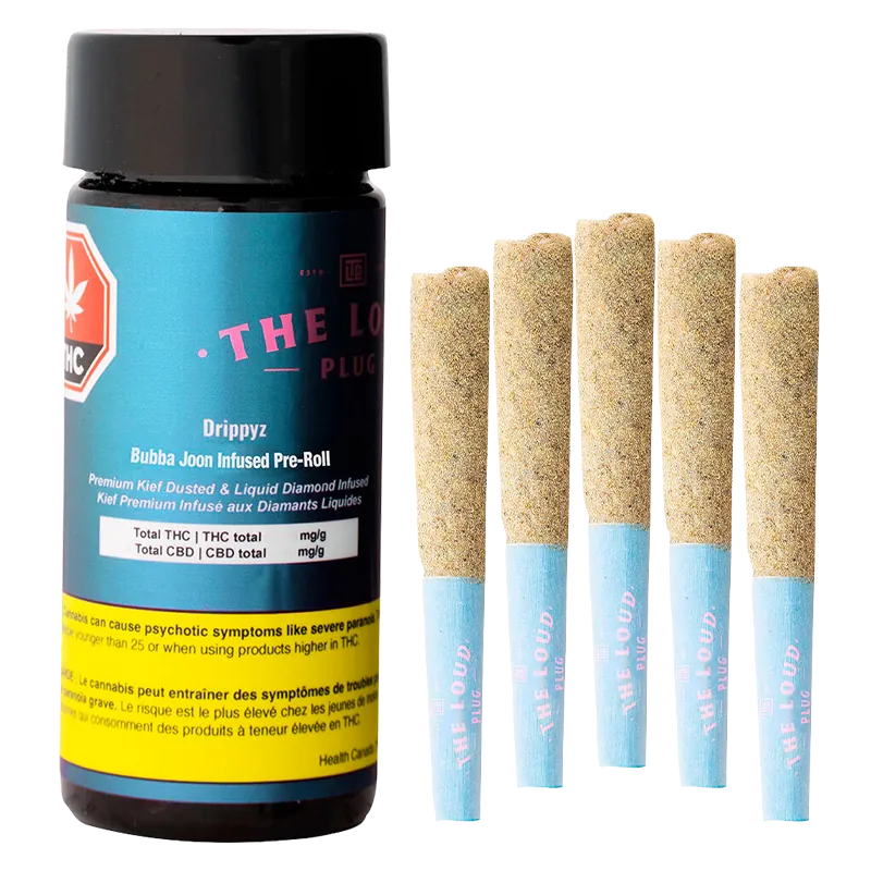 Right-side view of five sand-coated pre-rolls with blue tips beside a vertical black container labeled Drippyz Bubba Joon Infused PR 5 x 0.5 g.