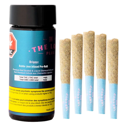 Right-side view of five sand-coated pre-rolls with blue tips beside a vertical black container labeled Drippyz Bubba Joon Infused PR 5 x 0.5 g.