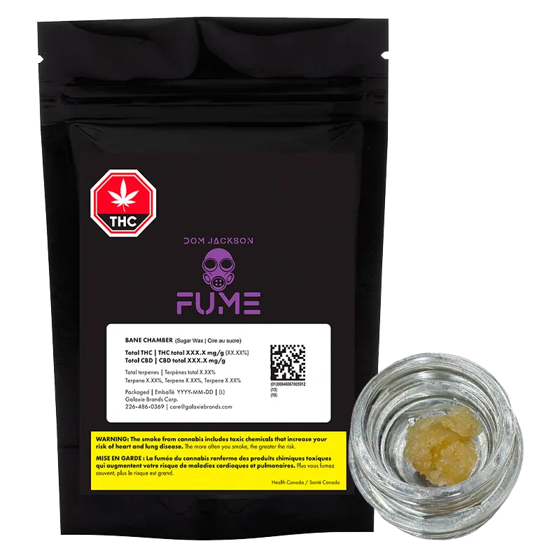Front view of a black pouch and small glass jar containing pale yellow wax labeled Bane Chamber Wax from Fume.