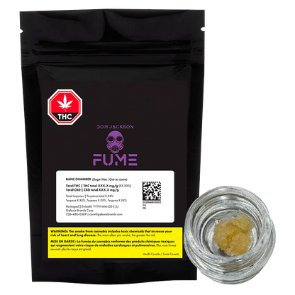 Front view of a black pouch and small glass jar containing pale yellow wax labeled Bane Chamber Wax from Fume.