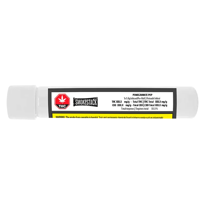 Straight-on view of the Smokestack Pomegranate Pop Infused PR 1 x 1 g pre-roll tube with its white plastic ends and centered black-and-white label.