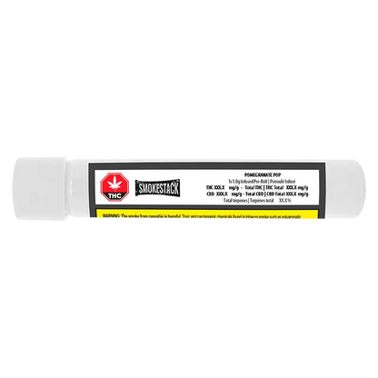 Straight-on view of the Smokestack Pomegranate Pop Infused PR 1 x 1 g pre-roll tube with its white plastic ends and centered black-and-white label.