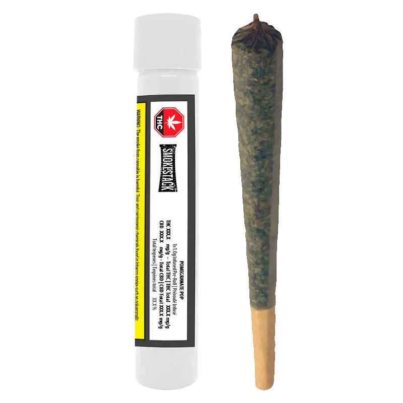 Straight-on view of a pre-rolled joint beside its clear tube labeled "Pomegranate Pop Infused PR 1 x 1 g."