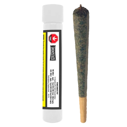 Straight-on view of a pre-rolled joint beside its clear tube labeled "Pomegranate Pop Infused PR 1 x 1 g."