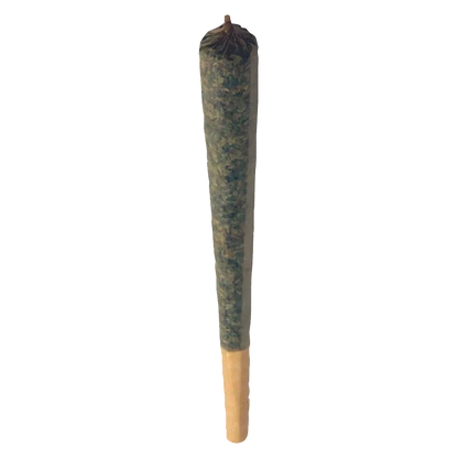 Center-aligned close-up of a single cone joint labeled Pomegranate Pop Infused PR 1 x 1 g against a white background