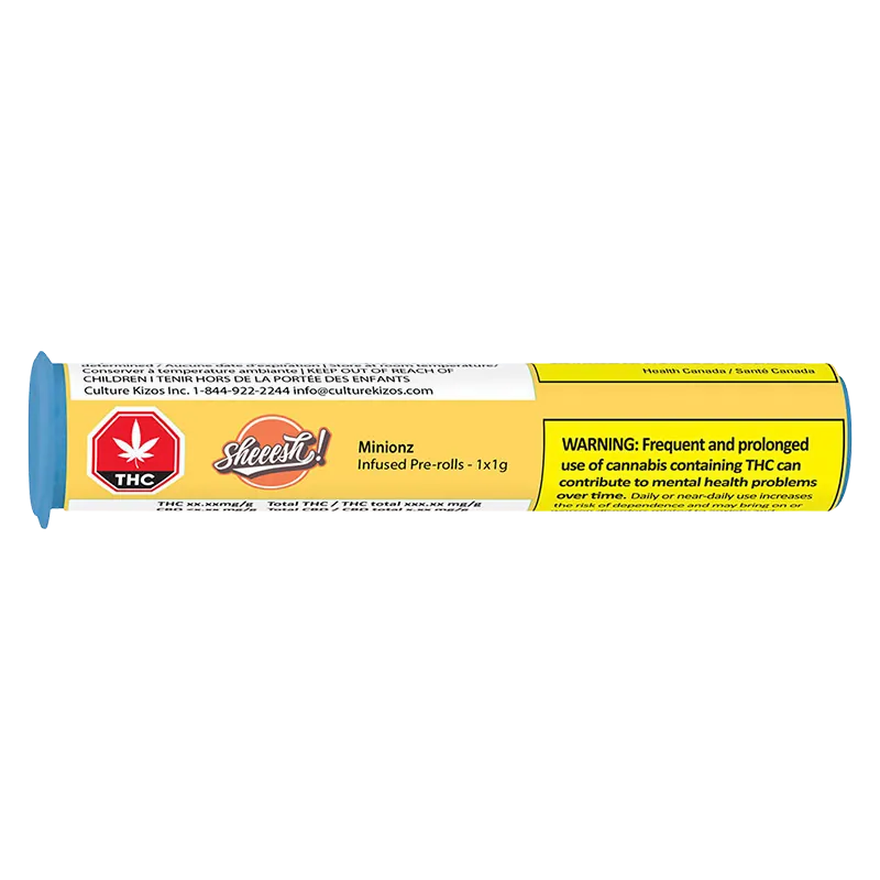Horizontal close-up of the yellow-labeled Minionz Infused PR 1 x 1 g tube showing a THC symbol, brand logo, and a prominent black-on-yellow health warning.