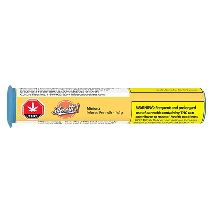 Horizontal close-up of the yellow-labeled Minionz Infused PR 1 x 1 g tube showing a THC symbol, brand logo, and a prominent black-on-yellow health warning.