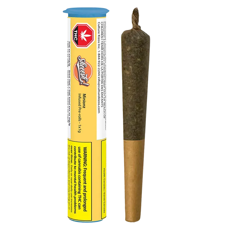 A front-facing view of the Minionz Infused PR 1 x 1 g pre-roll standing upright beside its yellow-and-white branded tube.
