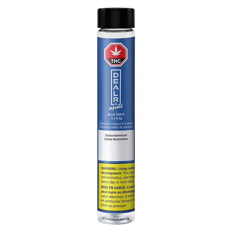 Tall front-facing tube with a blue label and black cap showing the Blue Tartz Infused PR 3 x 0.5 g branding, THC emblem, and a yellow warning panel.