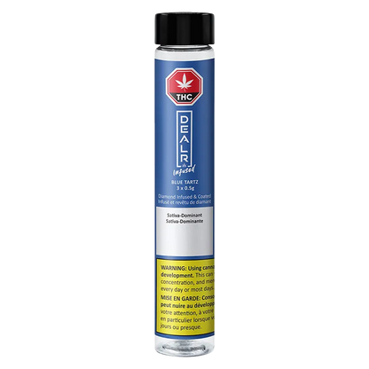 Tall front-facing tube with a blue label and black cap showing the Blue Tartz Infused PR 3 x 0.5 g branding, THC emblem, and a yellow warning panel.