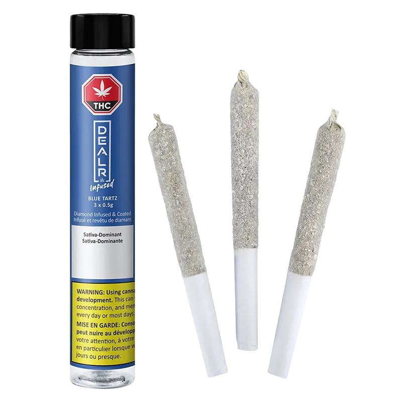 Three pre-rolled joints coated in crystalline sugar beside a standing blue tube labeled "Blue Tartz Infused PR 3 x 0.5 g."