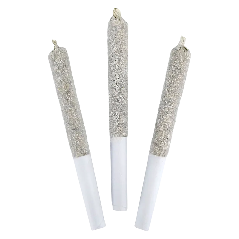 Top-down view of three glitter-coated Blue Tartz Infused PR 3 x 0.5 g joints fanned on a white background.