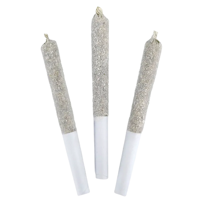 Top-down view of three glitter-coated Blue Tartz Infused PR 3 x 0.5 g joints fanned on a white background.