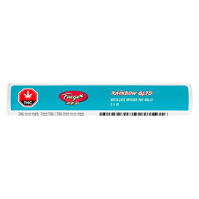 Horizontal product shot of a clear tube with a turquoise label reading "Rainbow GLTO Liquid Diamond Infused PR 2 x 1 g" alongside a red Fuego logo and THC symbol.