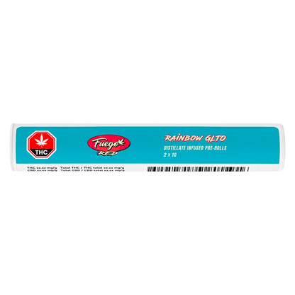 Horizontal product shot of a clear tube with a turquoise label reading "Rainbow GLTO Liquid Diamond Infused PR 2 x 1 g" alongside a red Fuego logo and THC symbol.