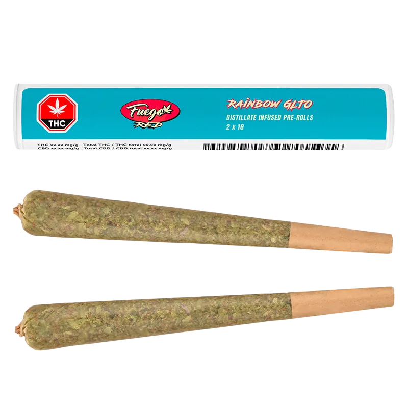 Top-down view of two cone-shaped pre-rolls below the Rainbow GLTO Liquid Diamond Infused PR 2 x 1 g turquoise labeled tube.