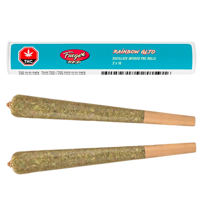 Top-down view of two cone-shaped pre-rolls below the Rainbow GLTO Liquid Diamond Infused PR 2 x 1 g turquoise labeled tube.