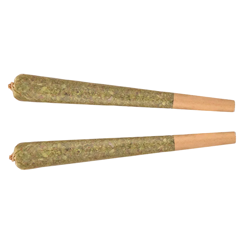 Top-down view of two rolled joints side by side labeled Rainbow GLTO Liquid Diamond Infused PR 2 x 1 g, on a white background