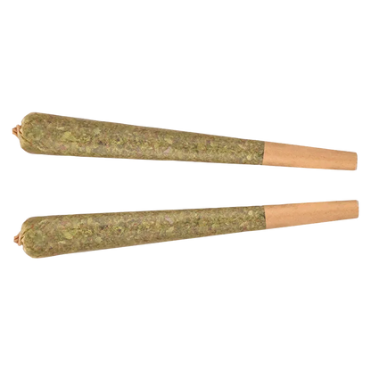 Top-down view of two rolled joints side by side labeled Rainbow GLTO Liquid Diamond Infused PR 2 x 1 g, on a white background