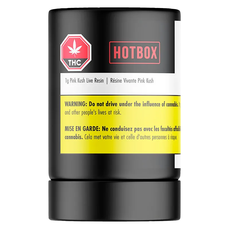 Front-facing studio shot of a black Hotbox Pink Kush Live Resin can with a red THC icon and a prominent yellow warning band.