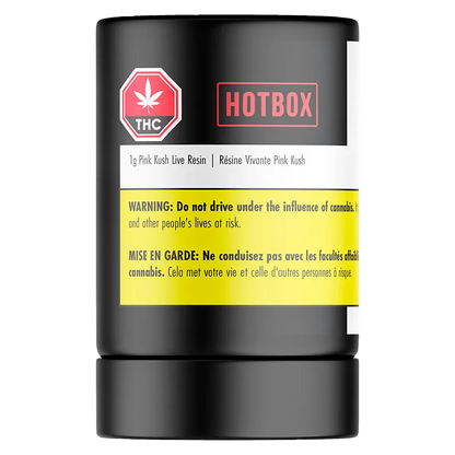 Front-facing studio shot of a black Hotbox Pink Kush Live Resin can with a red THC icon and a prominent yellow warning band.