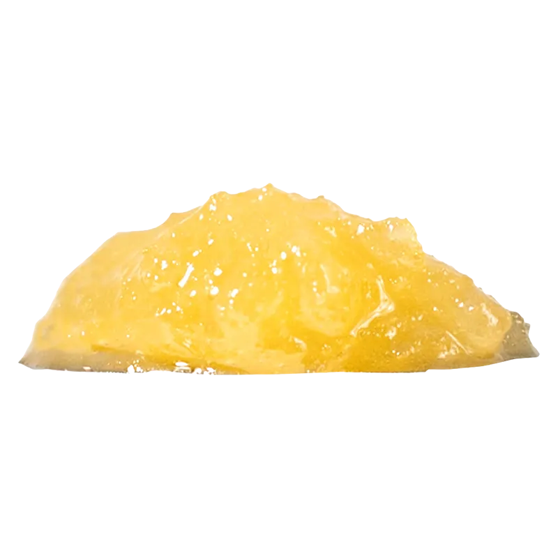 Side view of a glossy golden concentrate mound labeled Pink Kush Live Resin against a white background.