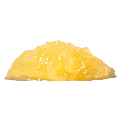 Side view of a glossy golden concentrate mound labeled Pink Kush Live Resin against a white background.