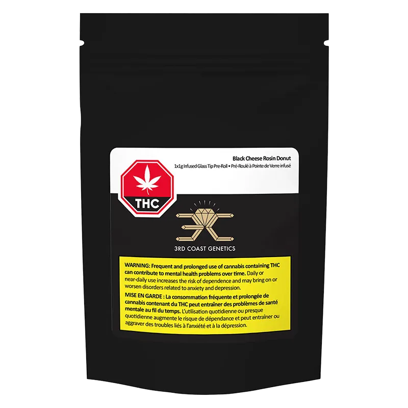 Front-facing black resealable pouch showing the Black Cheese Rosin Donut Glass Tip Infused PR 1 x 1 g label, THC stop sign, gold logo and yellow warning box.