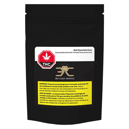 Front-facing black resealable pouch showing the Black Cheese Rosin Donut Glass Tip Infused PR 1 x 1 g label, THC stop sign, gold logo and yellow warning box.
