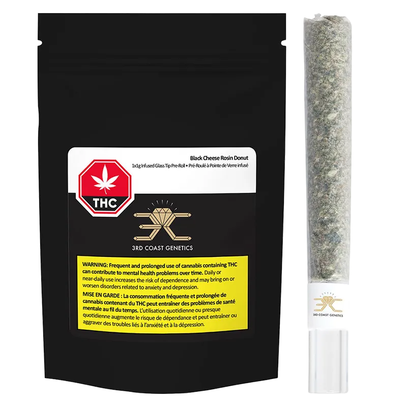 Black Cheese Rosin Donut Glass Tip Infused PR 1 x 1 g shown front-on: black resealable pouch beside a clear glass-tip pre-roll.